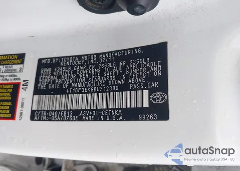 2011 Toyota Camry z USA, uszkodzony, nr VIN 4T1BF3EK8BU712380